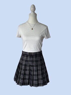 Pleated Black/Blue Plaid High Waisted Skirt